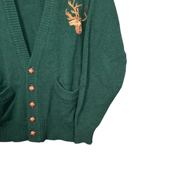 Vintage Forest Green Embroidered Cardigan 90s Woodland Deer Aesthetic Grandpa - Picture 2 of 7